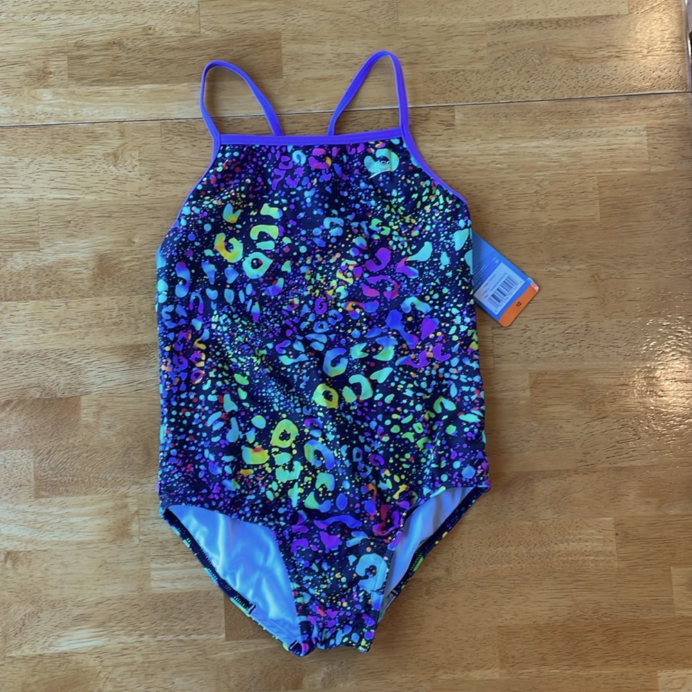 Speedo Rainbow Bright Splatter No Wedgie One Piece Swim Suit Girls 12